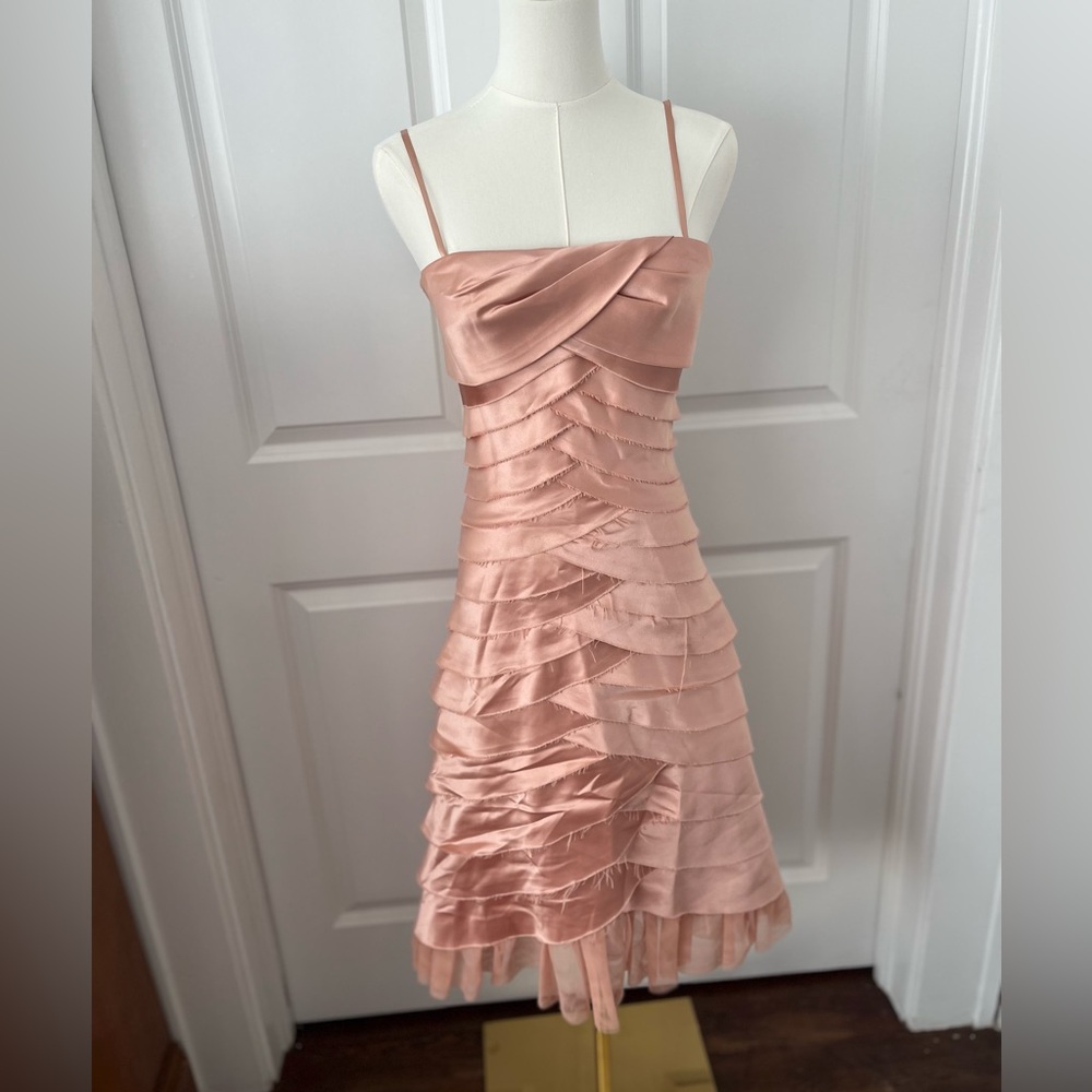 BCBG MaxAzria - Blush Pink Strapless Tiered Satin Midi Dress w/ Tulle Hem